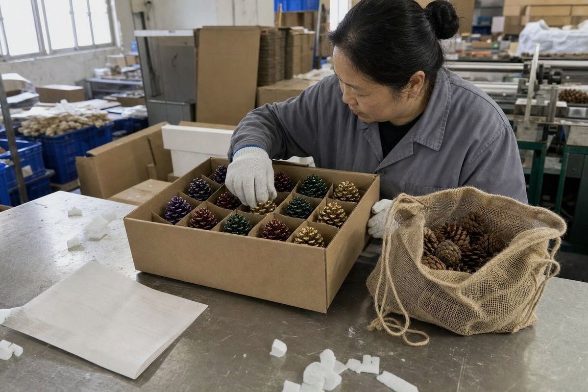 Packaging Design Optimization Standardized cartons with nesting and honeycomb inserts maximize colored pine cone container space (ID#2)