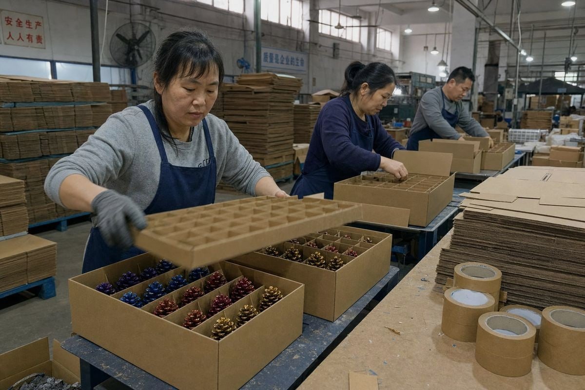 Custom Packaging Savings Custom OEM packaging factory reduces shipping costs per unit for pine cone shipments (ID#4)