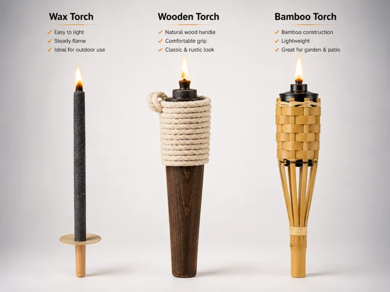 Wax torches, wooden torches and bamboo torches