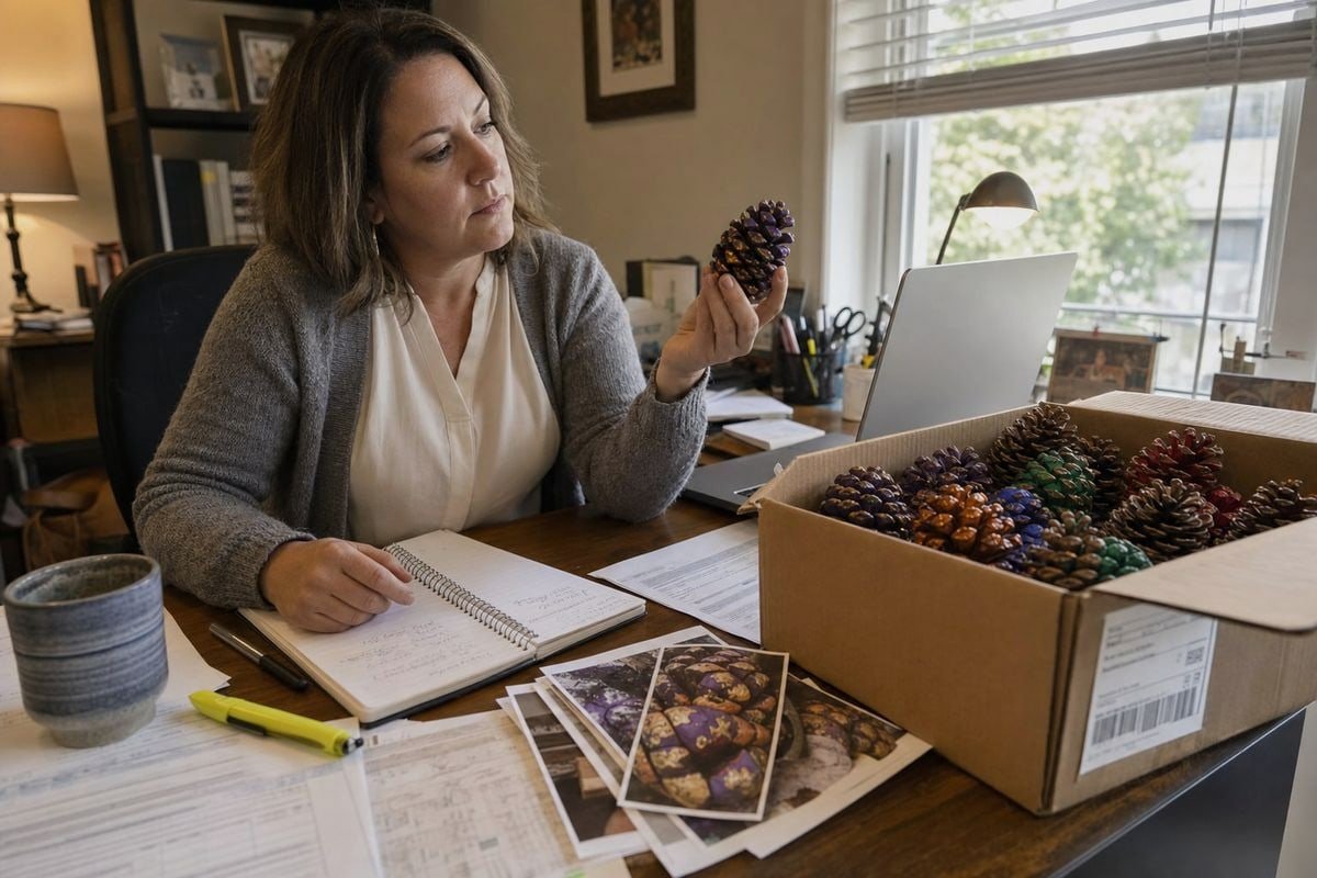 Required documentation like photos, invoices, and burn tests for a colored pine cone quality claim (ID#2)