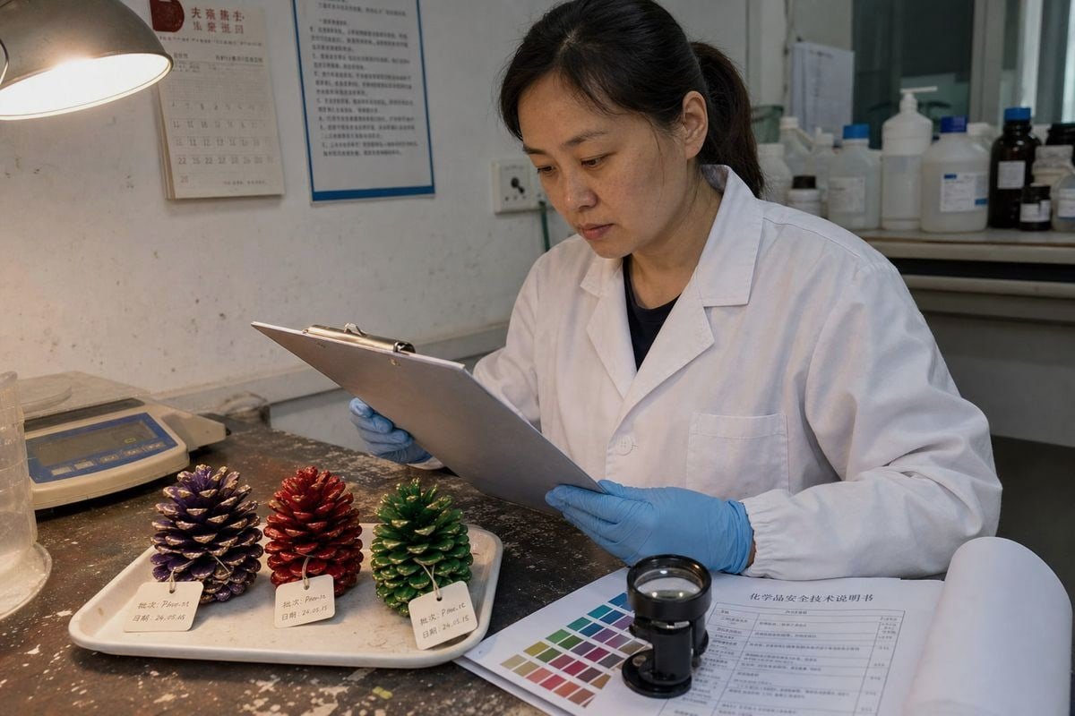 Proving colored pine cone batch fails agreed certification and safety standards (ID#3)