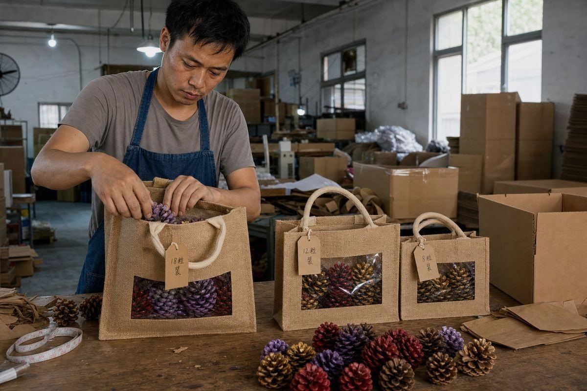 Custom tote bag sizes and structures for various fireplace pine cone quantities (ID#3)