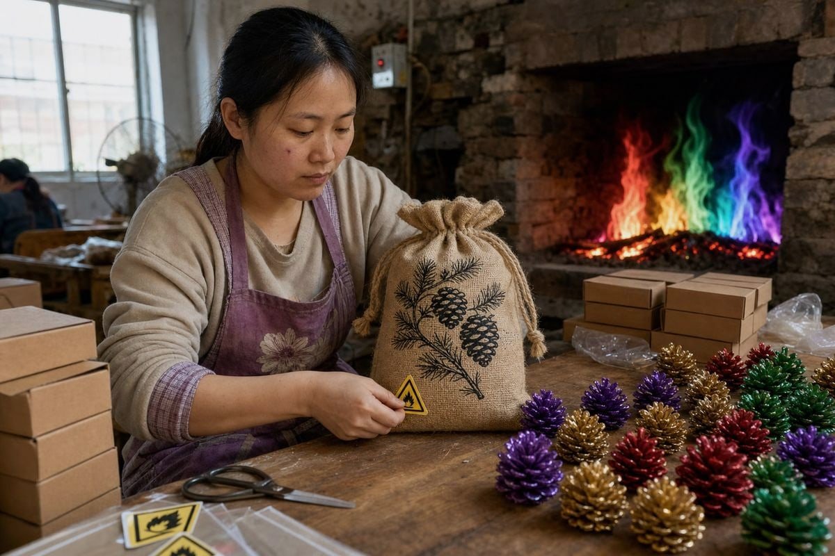 Safe Packaging Customization Custom packaging design with locked safety warnings and burn instructions for pine cones (ID#3)