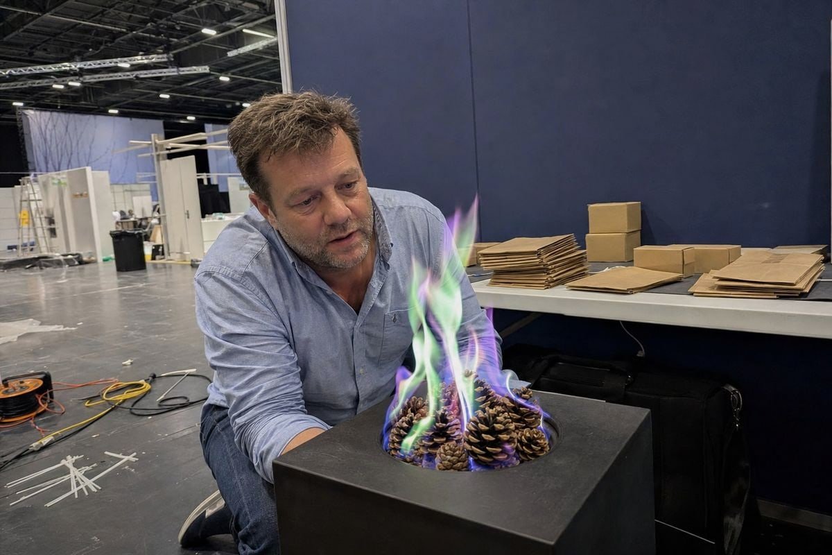 Sample batches of fireplace colored pine cones for trade show booth demos (ID#1)