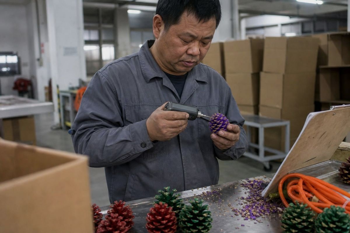 Fireplace colored pine cones stored in humid warehouse conditions before ignition (ID#1)