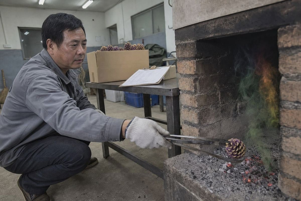 Verifying fireplace colored pine cones are free from harmful chemical residue (ID#1)