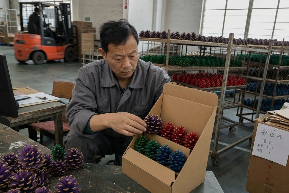 Supplier verifying production lines and prototypes for custom color-flame pine cone display boxes (ID#2)
