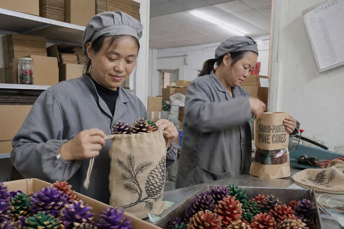 Private-label packaging like burlap sacks and kraft pouches differentiate colored pine cones (ID#2)