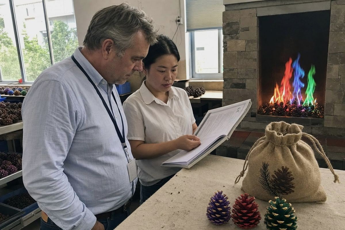 Etiquetas de advertencia de embalaje Required warning labels and compliance markings for fireplace pine cone packaging (ID#4)