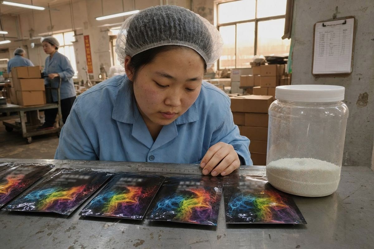 Flat heat-sealed foil sachets maximize dimensional weight savings for Magic Fire Powder shipments (ID#2)