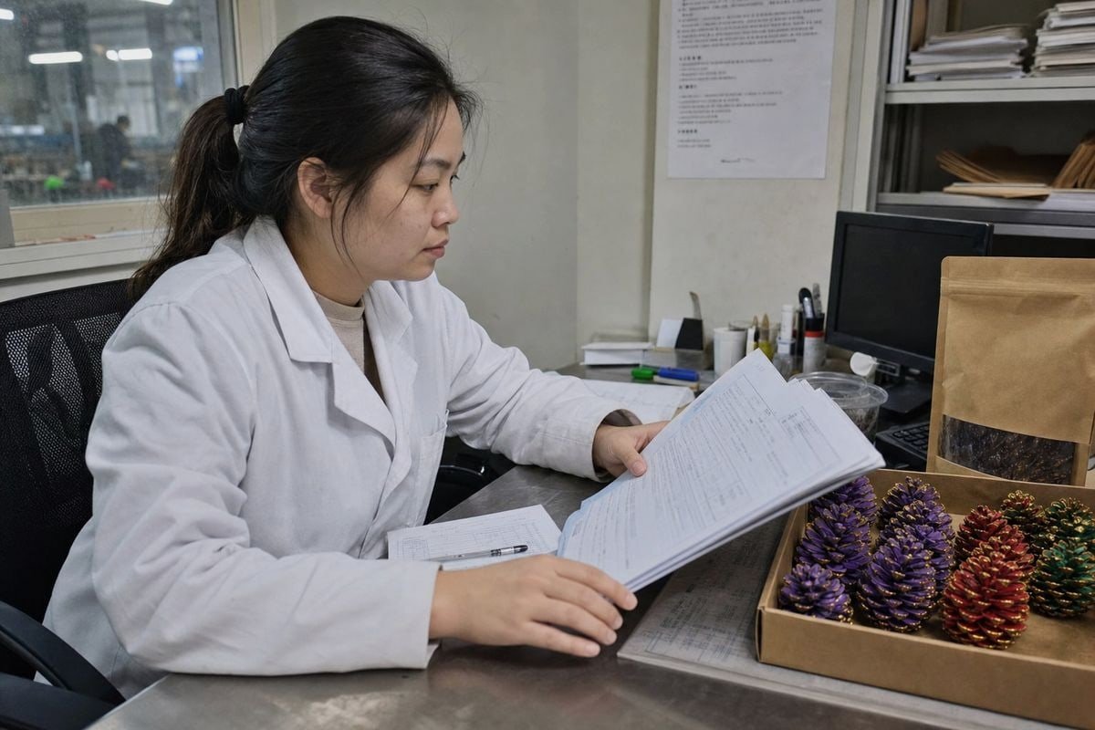 Conformidade e Certificação Certification labels and compliance testing reports for colored pine cone products (ID#3)