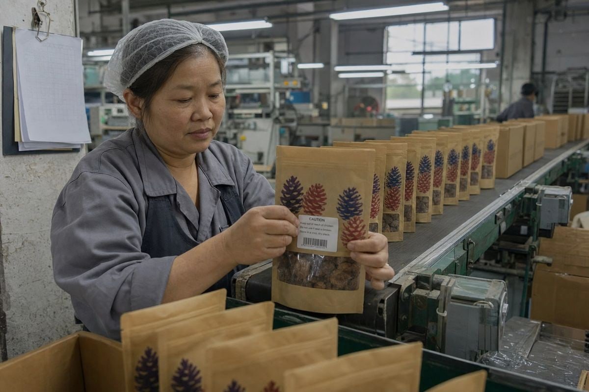 Embalagem e Marca Private label packaging options for retail versus free gift colored pine cones (ID#5)