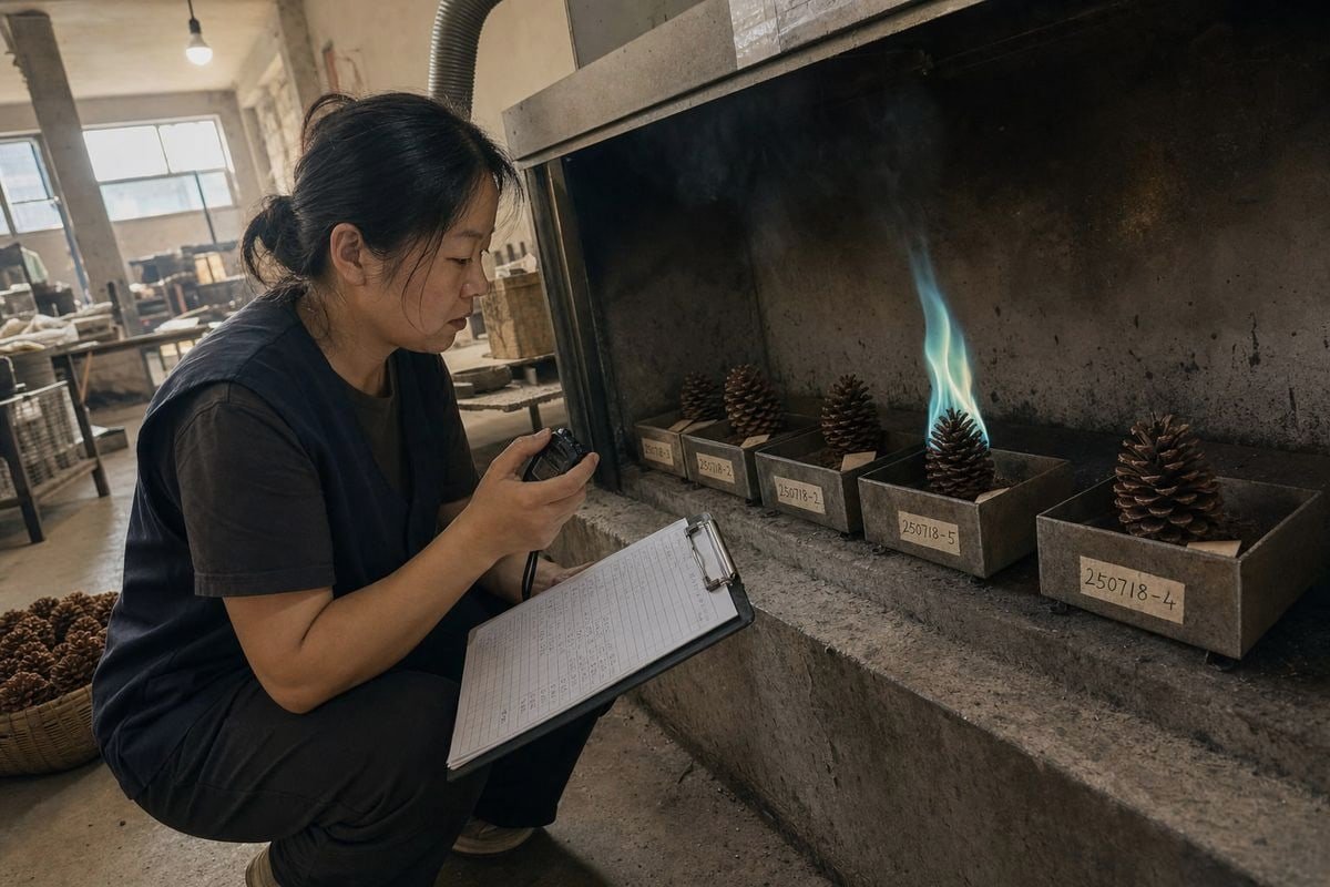 Comparing burn time and flame color consistency data across pine cone production batches (ID#3)