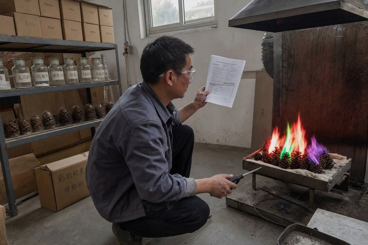 Verifying colored pine cone ingredients against fireplace fuel appliance restrictions and safety codes (ID#1)