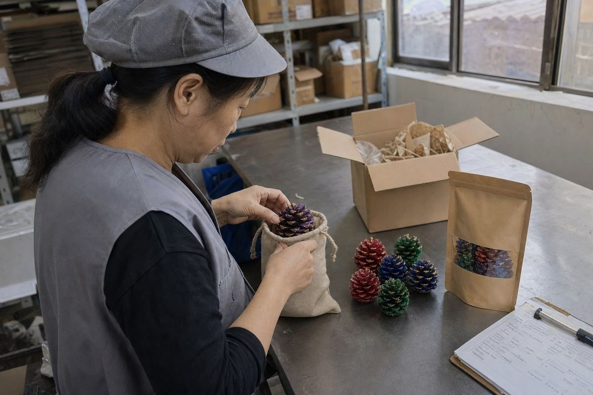 Requesting small-package demo samples of colored pine cones from suppliers (ID#1)