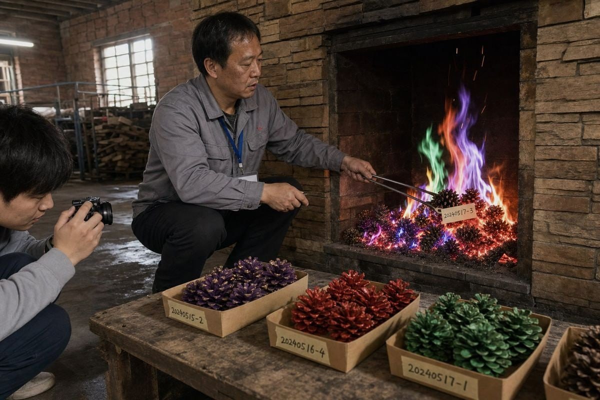 Flame effect comparison display setup for colored fireplace pine cones (ID#1)