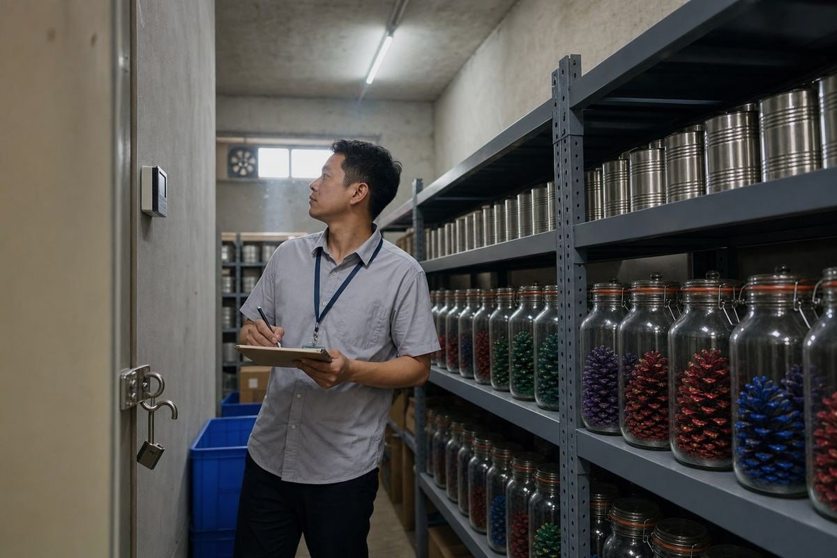 Vapor-tight containers storing colored pine cone samples in climate-controlled area for long-term evidence (ID#2)