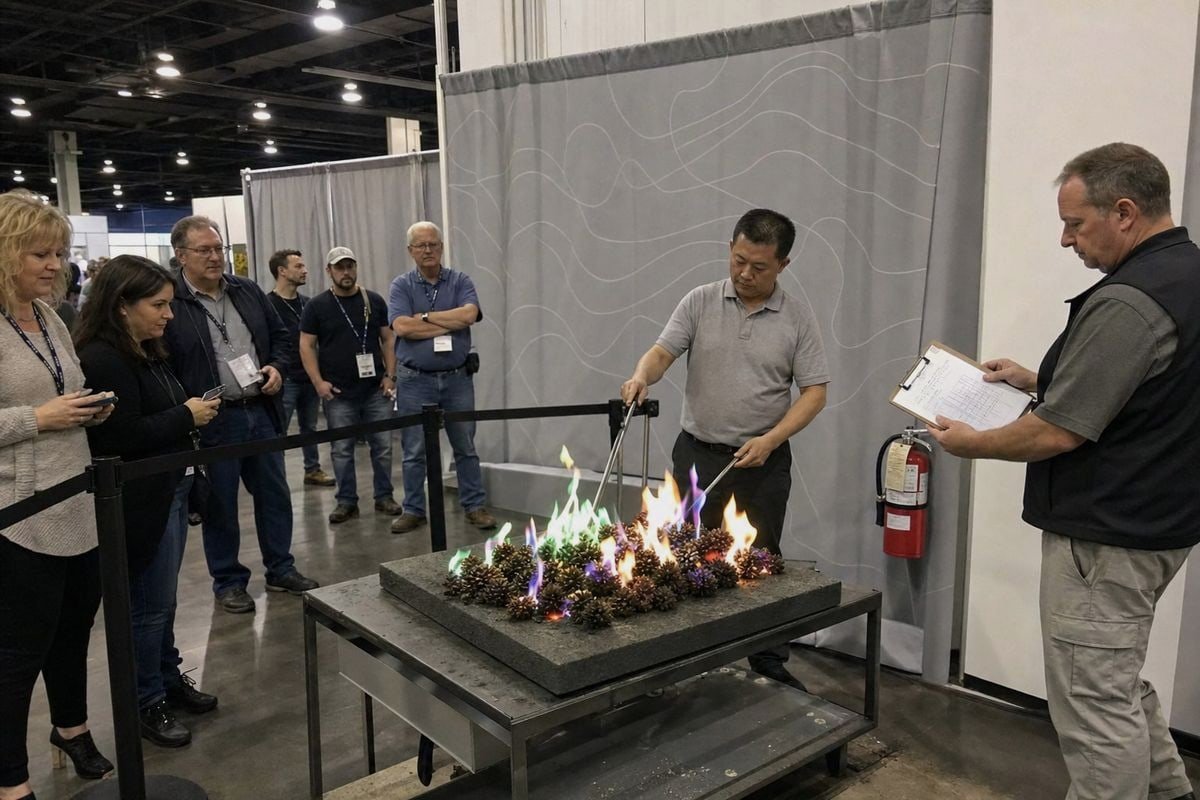 Safe live demonstration setup for colored pine cones at a trade show booth (ID#1)