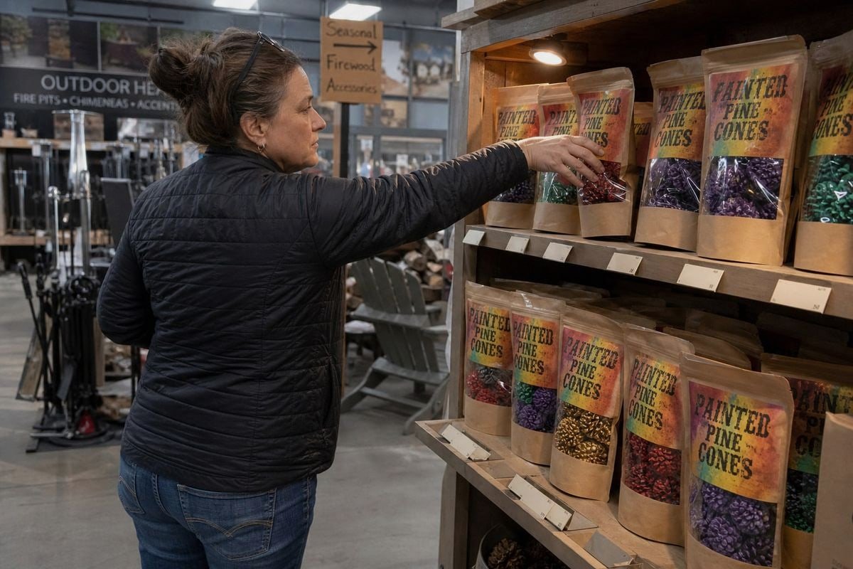 Clear-window packaging design showcasing colored pine cones on retail shelves (ID#1)