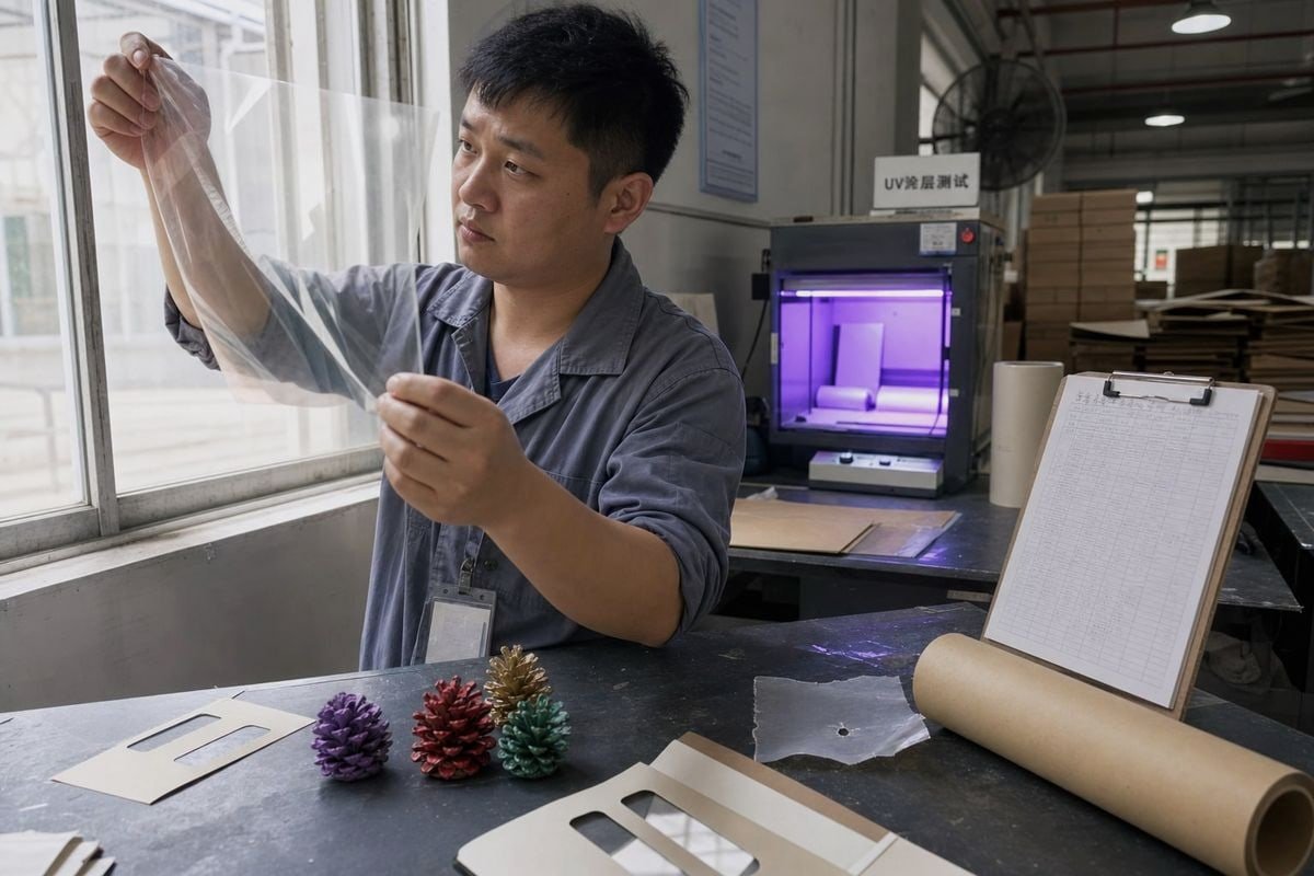 High-clarity PET and PLA window materials protecting colored pine cones during shipping (ID#2)