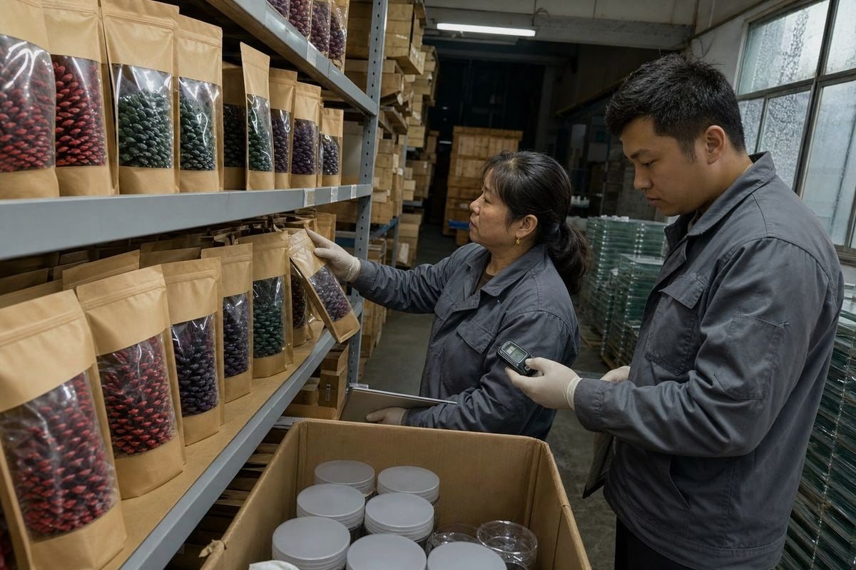 Non-combustible materials and moisture-barrier packaging protect shelf pinecones from fire risk (ID#3)