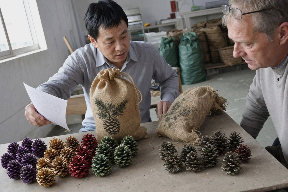Factors like packaging, seasonality, and coating stability affecting resale value of colored fire pine cones (ID#2)