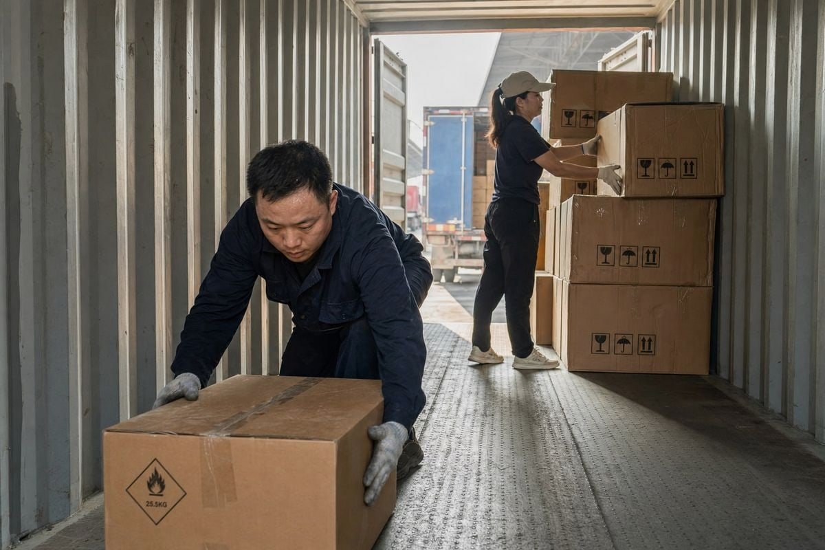 Loading FCL container with Magic Fire cartons as ballast and lightweight decorations stacked above (ID#2)