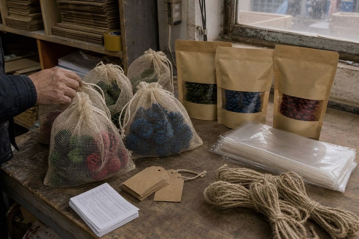 Safe Repackaging Materials Moisture-resistant mesh bags and kraft pouches for repackaging color-flame pine cones safely (ID#2)