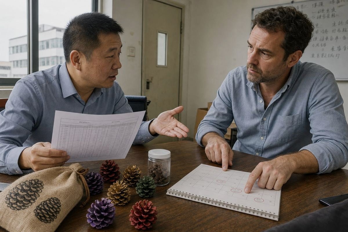 Negotiating order deadlines with fireplace colored pine cone suppliers effectively (ID#1)