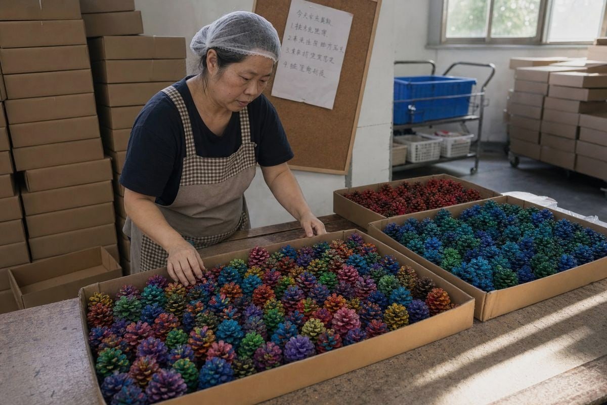Best Selling Color Ratios Retail color mix showing 70 percent multicolor, 20 percent blue-green, 10 percent red pine cones (ID#2)