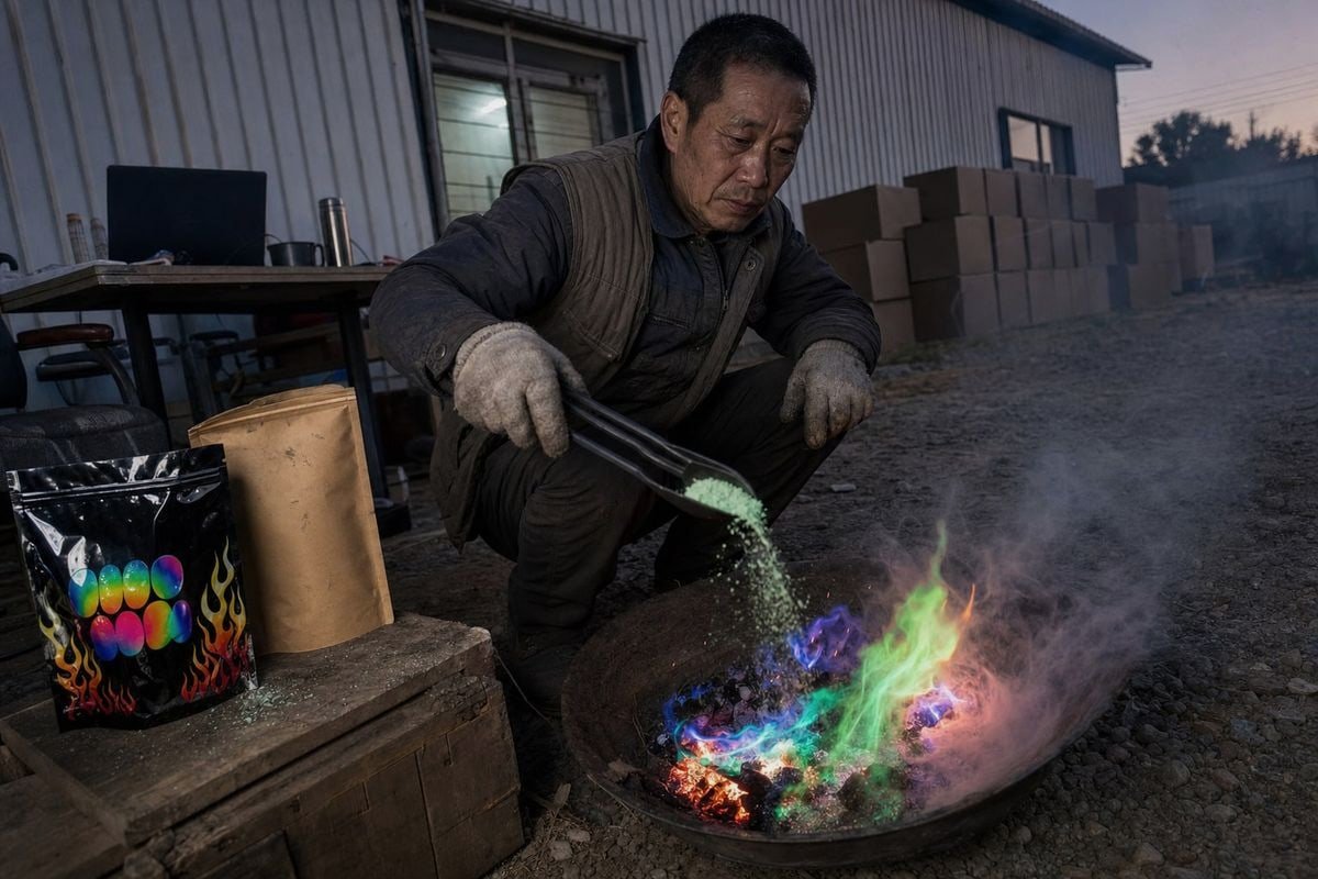 Color-Flame Variety Showcase Colorful campfire flames in green, blue, and purple showcasing magic fire powder burn performance (ID#3)