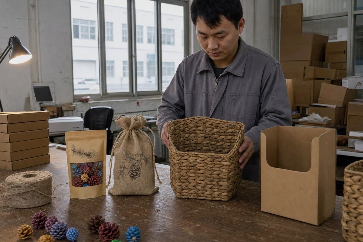 Premium packaging options like burlap sacks and kraft pouches for pine cone gift sets (ID#2)