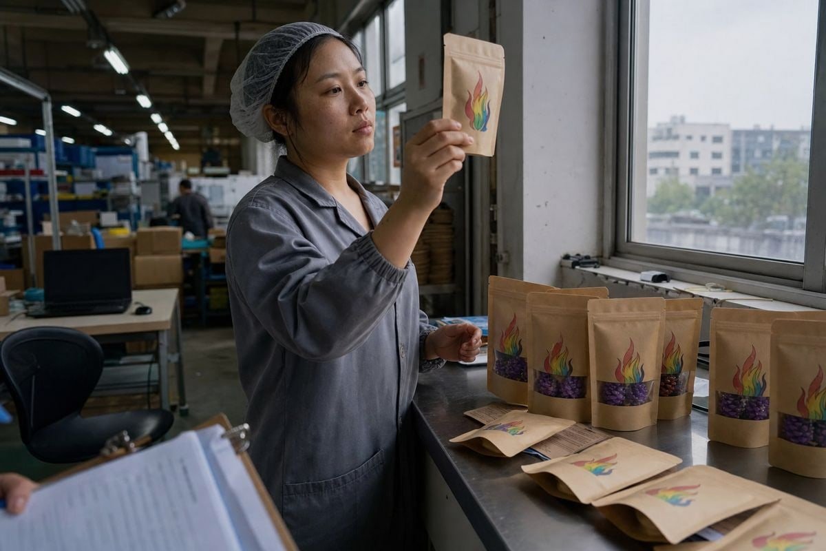 Checkout Display Packaging Kraft pouch packaging with rainbow flame design displayed near checkout counter (ID#4)