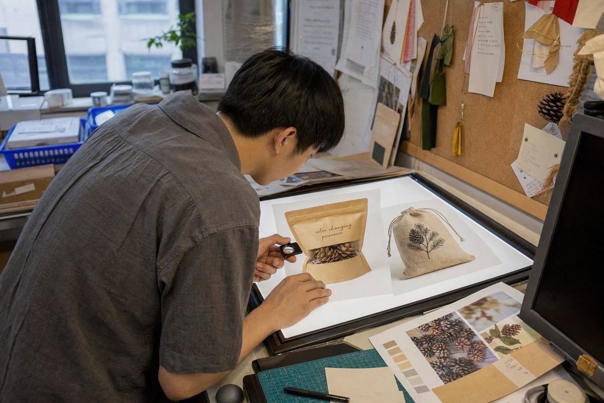 Identify copied pine cone packaging designs using visual and trademark checks (ID#3)