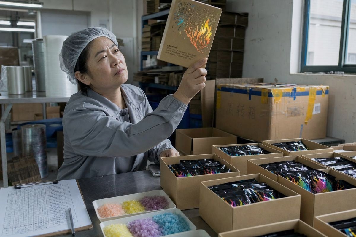 Wholesaler redesigning FHSA labels for Magic Fire Powder gift sets (ID#1)