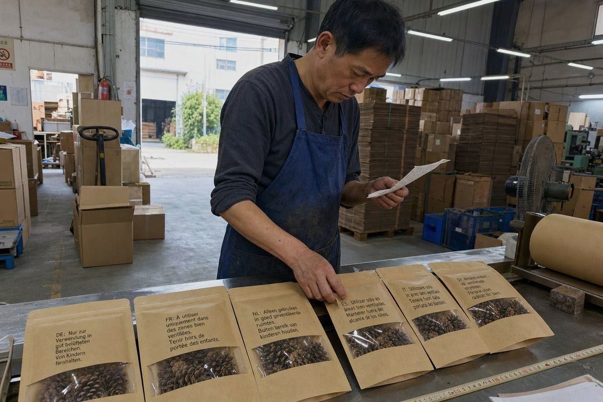 Multilingual Export Packaging Multilingual packaging showing languages for US, Canada, and EU export markets (ID#3)