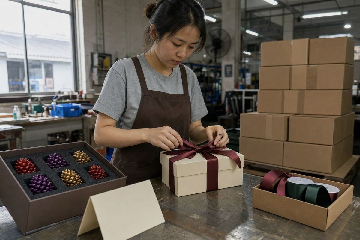 Premium satin ribbon and 300gsm cardstock protecting colored pine cones during long-distance shipping (ID#3)