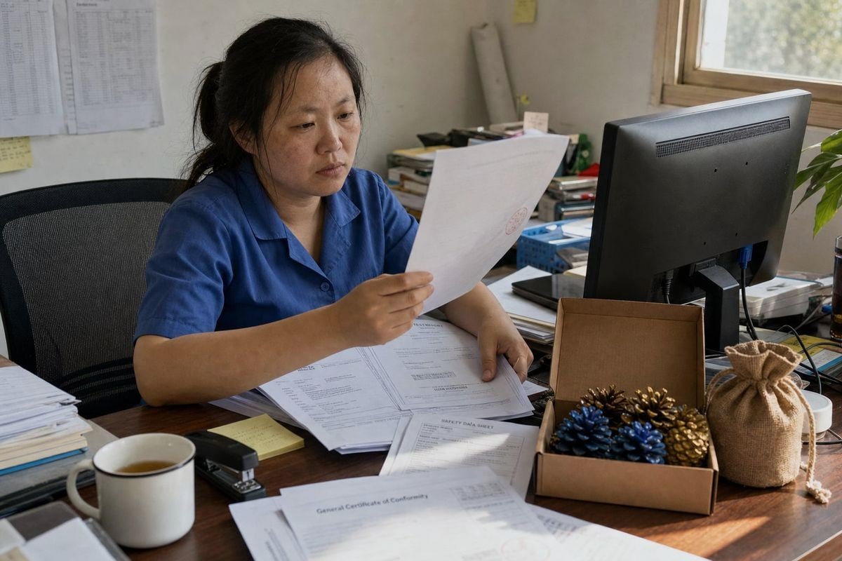 Certifications and test reports needed to confirm FHSA compliance before ordering pine cones (ID#2)