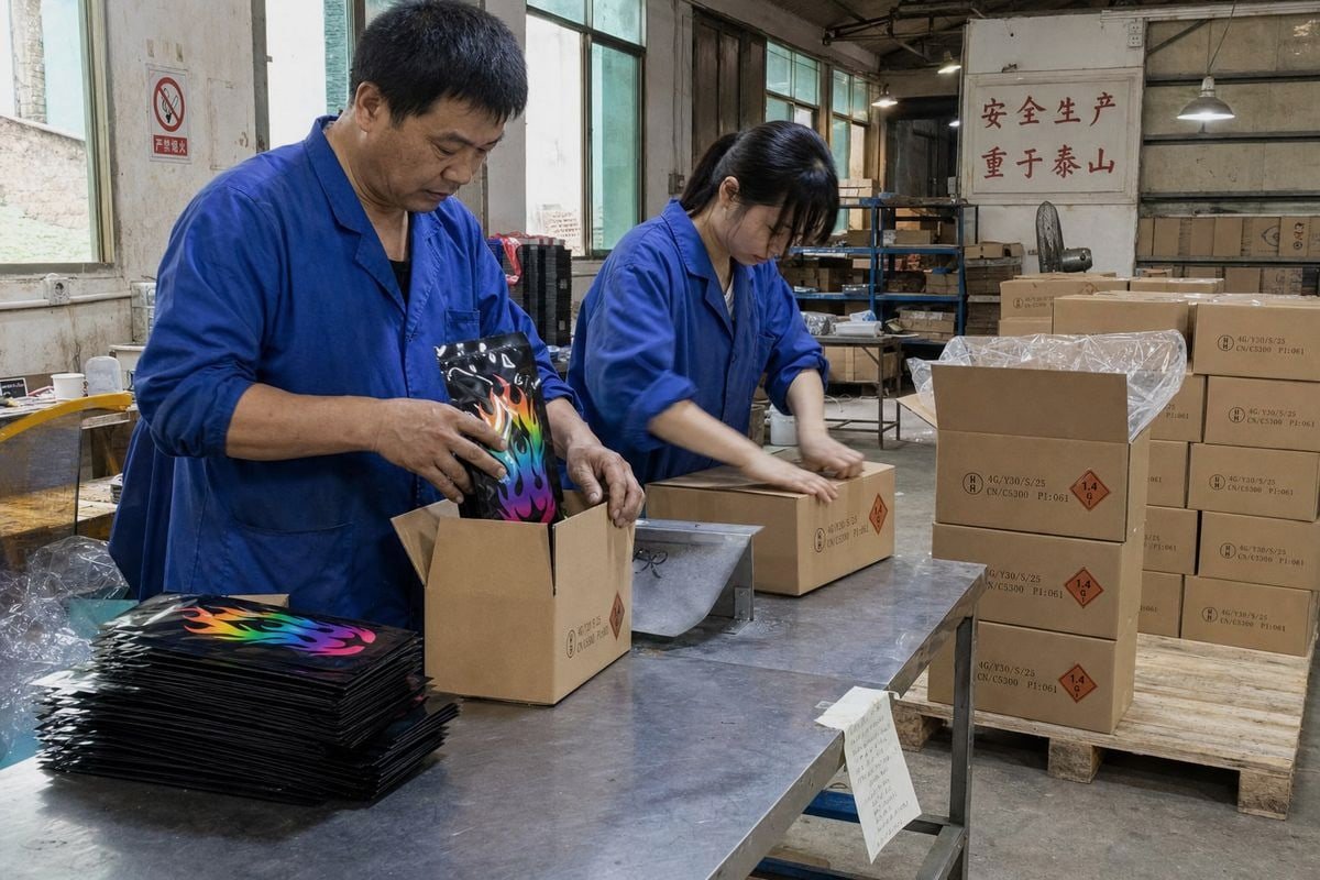 Sift-proof sealed packaging with hazard labels for compliant color-flame powder shipping (ID#3)