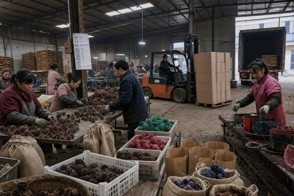 Comparing single-source China sourcing versus a second location for color-flame pine cones (ID#1)