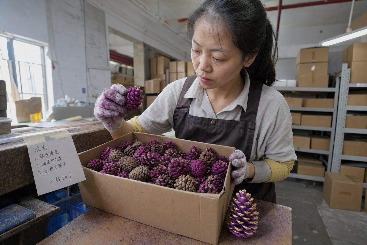 Colored Pine Cone Defects Colored pine cones with wrong saturation, patchy coating, or flaking defects replicated across orders (ID#2)