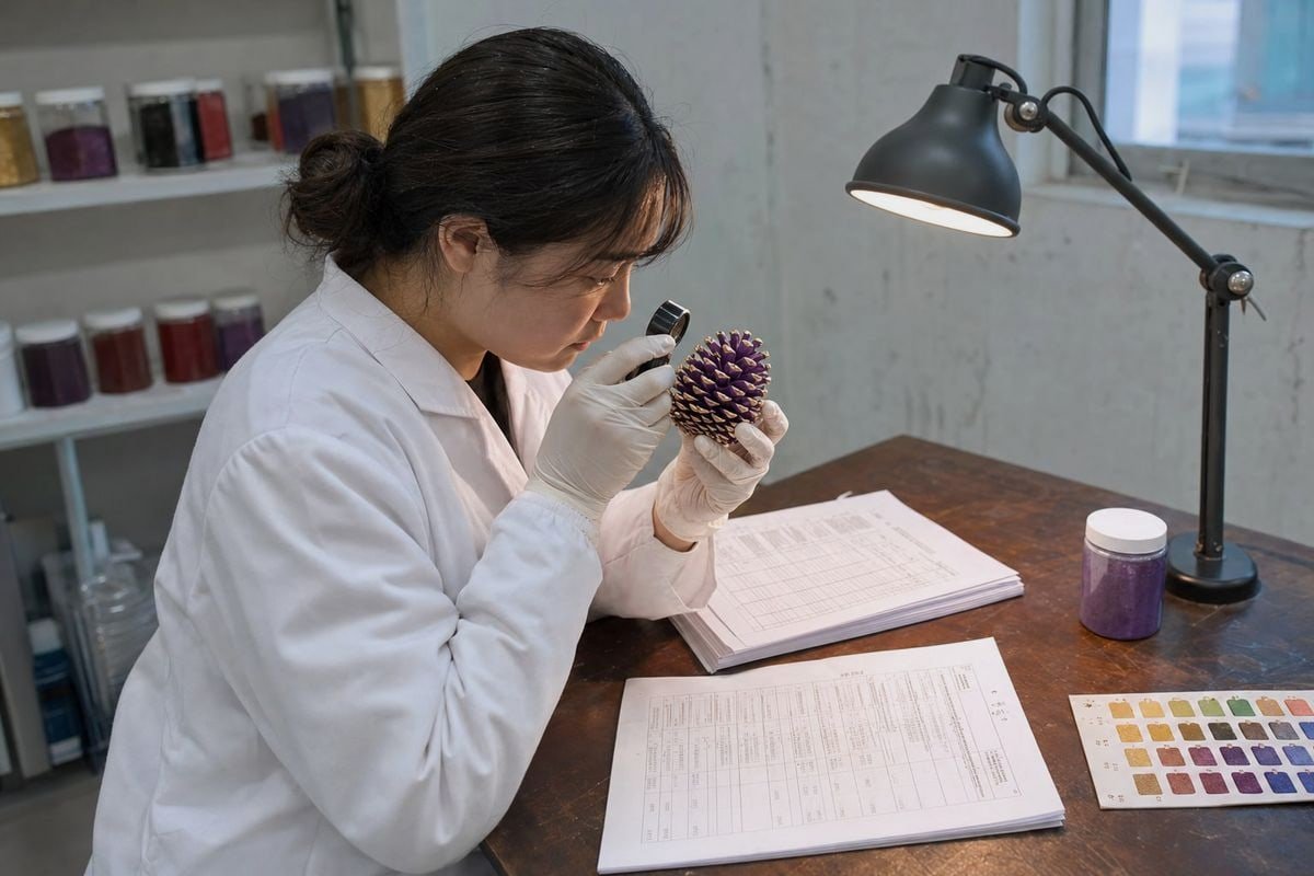 Compliance Verification Sample Pre-production sample verifying CPSIA, REACH, and Prop 65 compliance for colored pine cones (ID#3)