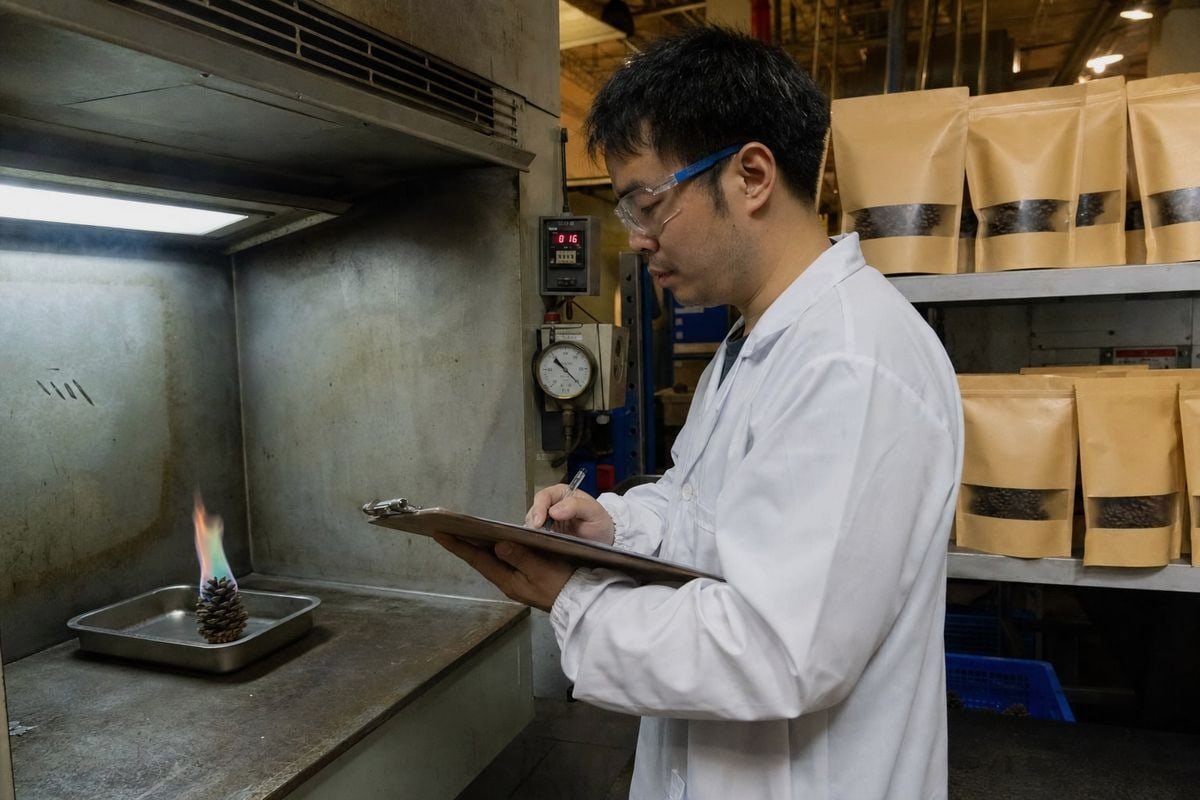 Sample Testing Methods Product samples comparing soaked and sprayed pine cone flame colorant methods (ID#4)