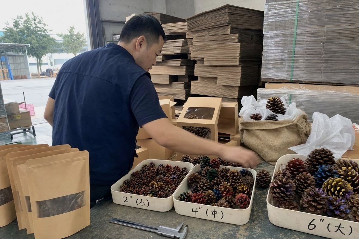 Sorted pine cones by size for optimal burn time and retail packaging fit (ID#3)