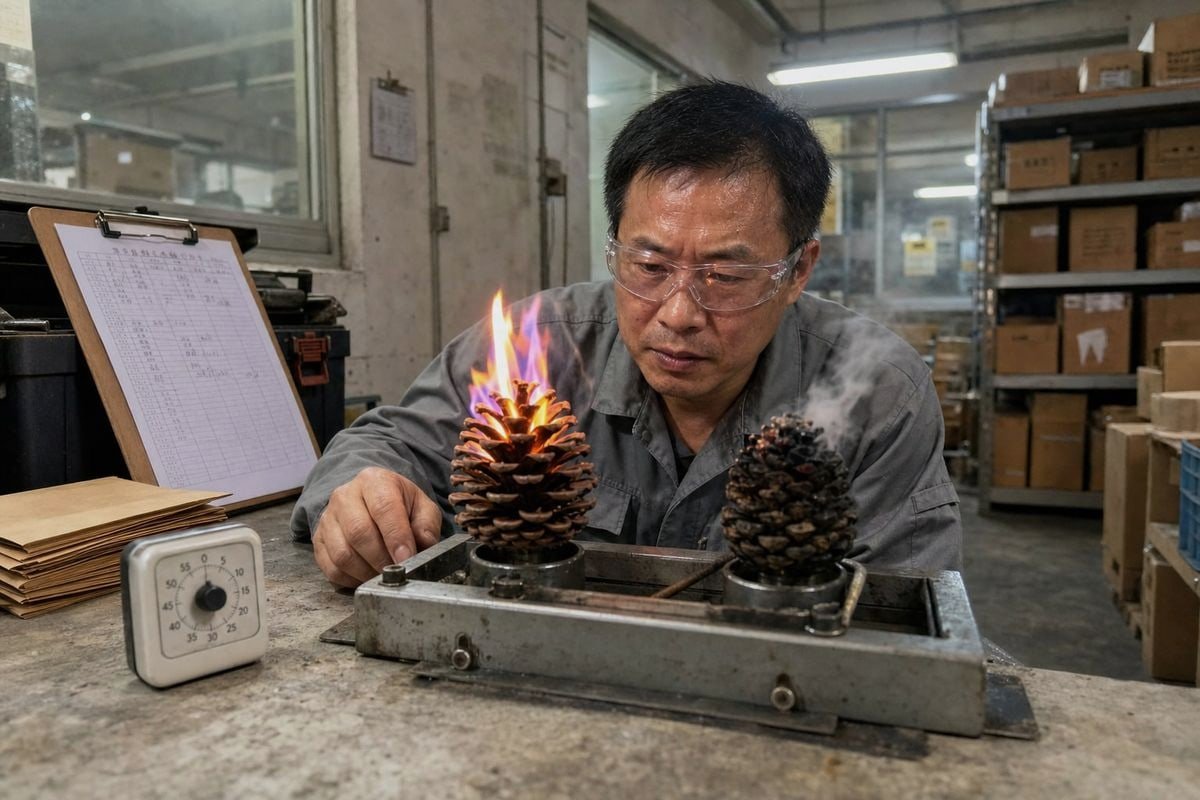 Moisture content impact on fireplace pinecone ignition and flame color quality (ID#1)