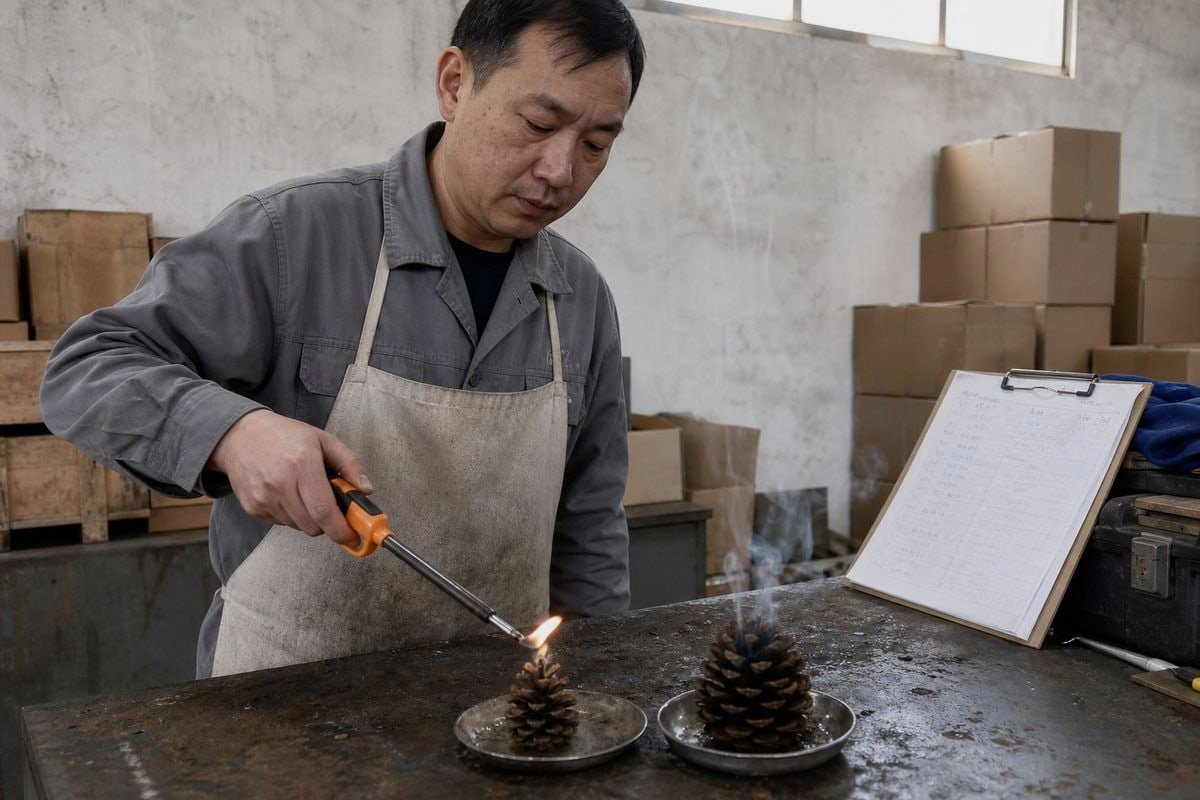Factors influencing how quickly colored fireplace pine cones ignite and burn (ID#1)