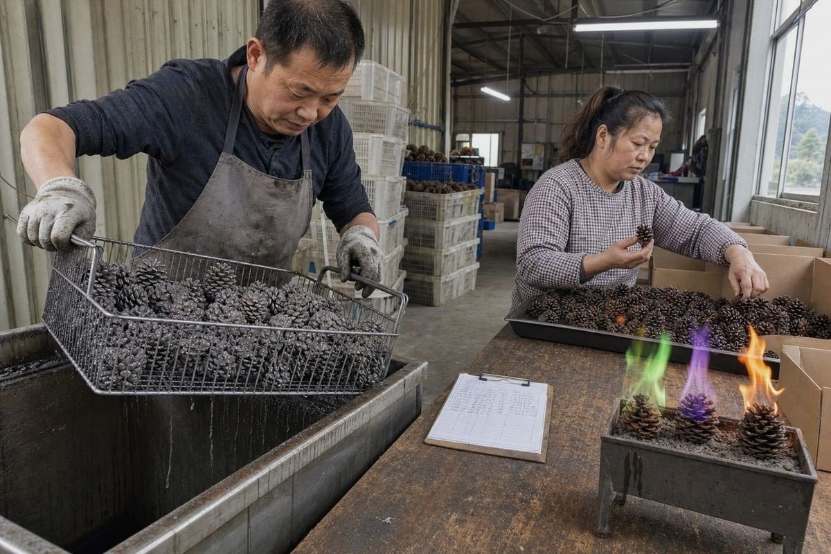 How accelerant content affects flame color in fireplace pine cones (ID#1)