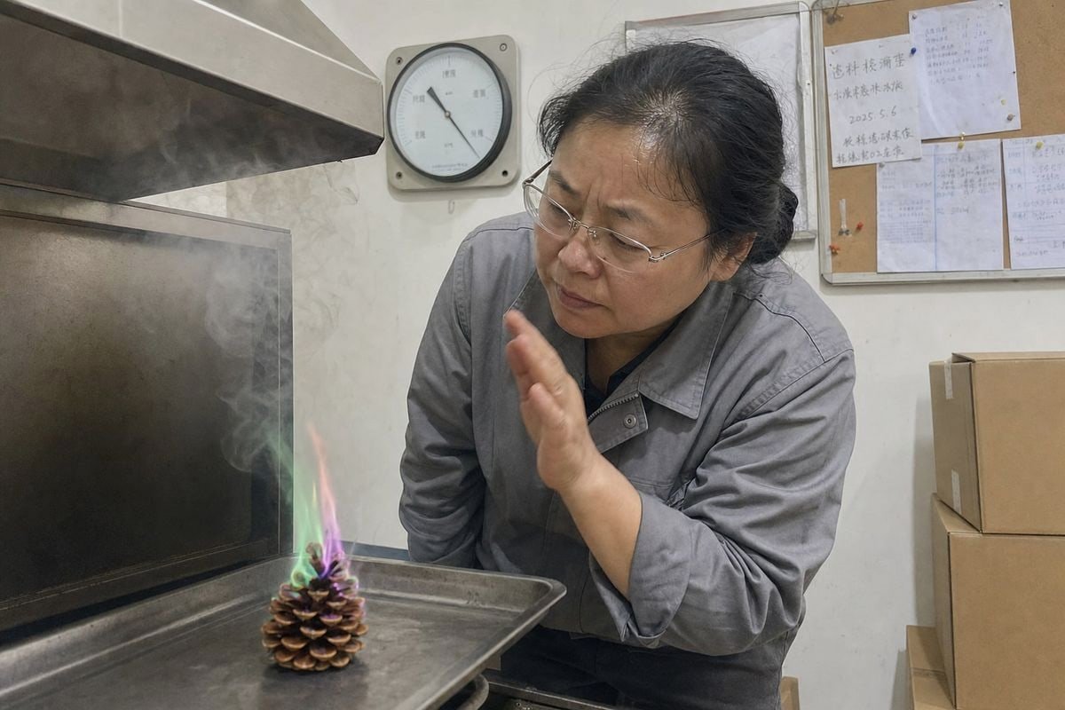Strong odor from fireplace colored pine cones signaling potential quality issues (ID#1)