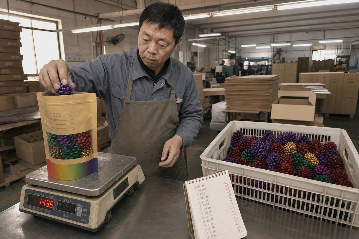 Measuring cost-effectiveness of colored pine cones by weight and piece count (ID#1)