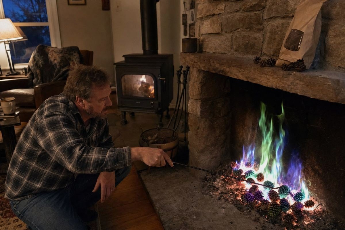 Colored pine cones burning differently in wood stoves versus open fireplaces (ID#1)